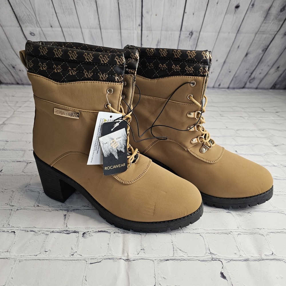 NEW Rockawear Boots Womens Size 11 Tan Chunky Heel Lace Up Defects